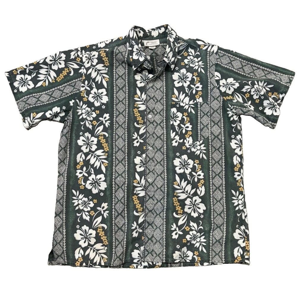 Vintage Malihini Hawaiian Shirt Size 2XL Tiki Floral Grey